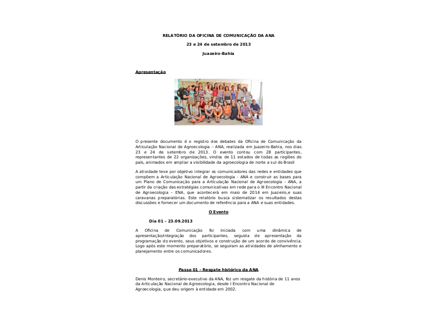 Oficina de Comunicação da ANA: relatório